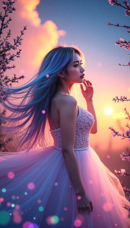 Extreme realism in a complex, highly detailed composition featuring a beautiful voluptuous woman with flowing rainbow-colored hair. The glowing background, with its vibrant colors, exaggerated details, intricate textures, and dynamic lighting, creates a whimsical, dreamy atmosphere in photorealistic quality.

Small, glowing particles floating in the air, adding a magical and ethereal quality to the scene.Clouds with an iridescent sheen, reflecting multiple colors and adding a whimsical touch to the sky.Tree branches that emit a soft light, adding a mystical and natural element to the background.


One hand is gently playing with her hair, her eyes looking softly into the distance.


