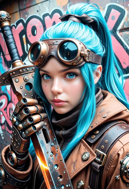 SmoothNoob_Quality,  steampunk. 1girl, ponytail, pink accent, portrait, graffiti art, neon blue hair, (wielding a mechanical wide sword up to face), forehead aviator goggles, giant mechanical sword, rust sword, pink graffiti wall background, upper body, mechanical hand, <lora:Smooth_SteamPunk:0.5> <lora:Smooth_Booster_v3:0.5>