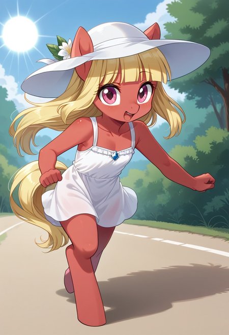 score_9, r0ug3, sun hat, running in a feild, source_pony, ntm,