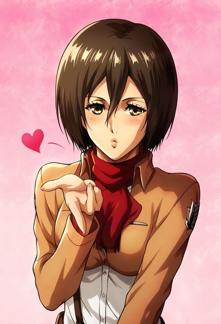 1girl, mikasa ackermann, beautiful face, detailed eyes, detailed face, both blowing kiss with one hand, heart, good hands, 4 fingers,
