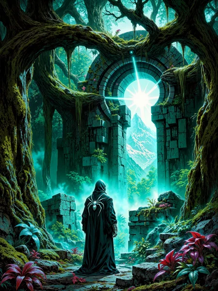 portal in the shape of a keyhole, stunning, very detailed, realistic fantasy artwork, a masterful painting of a dark, eerie, ancient and lush jungle, densely packed with towering, gnarled trees, their intertwined treetops that form tangled arches above a moss-covered forest floor, faintly glowing mushrooms the size of lanterns dot the underbrush, casting a subtle bioluminescent shimmer in hues of pale cyan and purple. in the heart of the jungle stands a monolithic stone arch - an arcane stone structure carved into the shape of a massive keyhole, into ancient, weathered stone, overgrown with vines and moss. the magic portal radiates a soft but brilliant light, revealing through its narrow aperture a beautiful, snow-covered mountain range beyond, in stark contrast to the ominous, murky jungle that surrounds the keyhole-portal. the scene is anchored by a solitary figure in the foreground, viewed from behind - a dark-robed traveler standing before the eldritch portal, as if about to cross its threshold, the robe is masterfully embroidered with a large, intricately detailed, silver tarantula spider, the robe's deep folds catching subtle highlights from the portalâs glow. the surrounding jungle includes sharp pops of color - tropical and possibly carnivorous plants with vivid red or deep purple petals curl among the undergrowth, their shapes exotic and predatory, their presence lending tension and surrealism to the scene. the lighting is dramatic and cinematic, with strong contrast between the deep shadows of the jungle and the radiant light streaming from the portal, shafts of this ethereal illumination scatter through the jungle mist, casting faint silhouettes of trees and vines and highlighting the path ahead, the wondrous portal serves as the visual and symbolic center of the composition. shot from a low, slightly angled perspective behind the figure, the viewpoint draws the eye upward and toward the brilliant keyhole light, creating a sense of scale, tension, and anticipation. rembrandt style lighting heightens the atmosphere, using deep contrast and directional light to emphasize both mystery and reverence, soft glow effects enhance the magical tone of the image. rendered as a masterwork painting in a highly detailed, high-fantasy art style, rich texturing across the moss, bark, and stone contrasts with the arcane architecture of the portal, a color palette of deep jungle greens, cold shadows, and luminous whites is punctuated by accents of red and purple, atmospheric perspective and delicate mist create a dreamlike, immersive quality, ovg, artilands02, <lora:style-fantastic_landscapes-v2-flux-by_artifyai:0.64> <lora:style-luis_royo-flux-by_tosave:0.8>