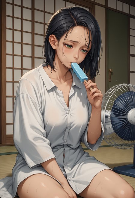 score_9, score_8_up,score_7_up, source_anime, 1girl, solo, <lora:trllsdr_pdxl_EliPot:1> swtrsu, medium hair, black hair, green eyes, mature female,
white shirt, shirt only, buttoned shirt, collarbone, oversized clothes, oversized shirt,
 sweating, sweat, tired, sitting, wariza, legs apart, kneeling, eating, popsicle,
 electric fan, wind, indoors, eastern architecture, tatami,