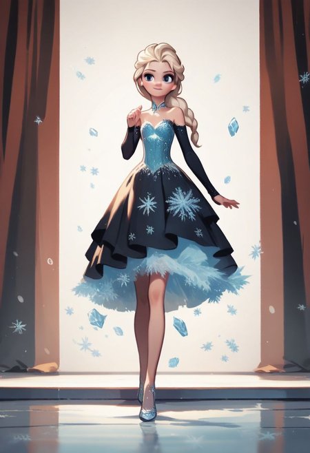 score_9, score_8_up, score_7_up, score_6_up, best quality, highres, source_anime, (cute doodle), solo, black backgruond, light, (elsa from frozen), young, black short, black dress, stage, fashion day, catwalk, walking, elegant, (ice dress)