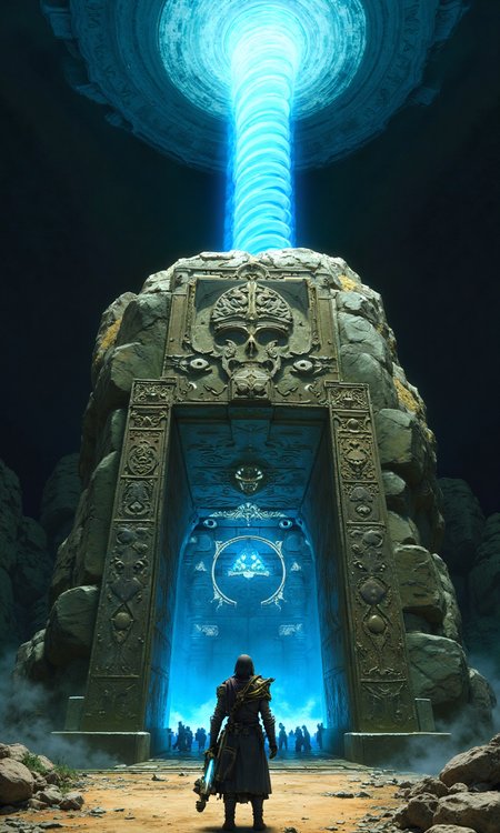 A huge rock, Keh Namut Shrine Cryonis Trial, is covered with mysterious symbols. A spiral of blue light rushes from the temple to the sky. A Zelda warrior stands at the entrance of the temple, holding a terminal in his hand, ready to enter the temple to complete his mission. The Legend of Zelda: Tears of the Kingdom, Tears of the Kingdom<lora:flux1-D\flux.1_lora_flyway_Epic-detail_v2.safetensors:0.6:1.0> <lora:flux1-D\flux_realism_lora.safetensors:0.45:1.0>