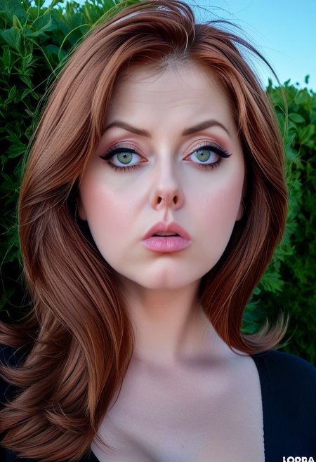 Voluptuous Attractive, 30 year old woman, straight auburn hair, slutty, pouting, big eyes, close-up 
Outside
<lora:Nitai:1.0>