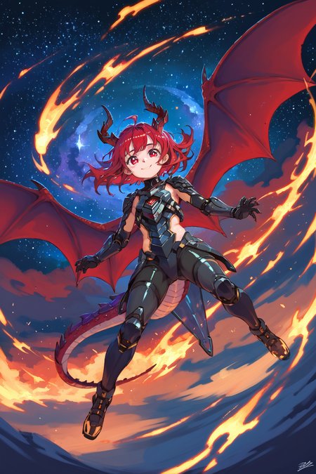 PDXL, source_anime,  <lora:SaishoV1:1>, s4ish0, 
1girl, cute face, detailed eyes, long red hair, red eyes, dragon horns, dragon wings, flying through the sky, night sky, stars, galaxies, 
volumetric reflections, volumetric shadows, HDR, shot on Canon DSLR