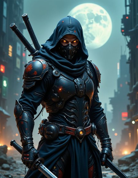 realistic action scene of a humanoid ninja with battle scars, wearing tech armor, fierce look, katanas with blood on it, <lora:ck-FantasticalCreatures:0.8>,  <lora:artilands:0.6>, in an scifi urban warzone, moon in background