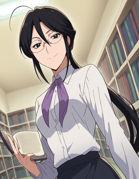 score_9, score_8_up, score_7_up, source_anime, <lora:sae-shirai-s1-ponyxl-lora-nochekaiser:1>, sae shirai, long hair, black hair, ponytail, ahoge, glasses, black eyes, hair between eyes, sidelocks, medium breasts,, shirt, long sleeves, neckerchief, collared shirt, skirt, long skirt, library, reading books, glasses, quiet, focused, shelves of books, smile, <lora:seductive-smile-ponyxl-lora-nochekaiser:1>, seductive smile, come hither, naughty face,, looking at viewer, solo,, dutch angle, cowboy shot
