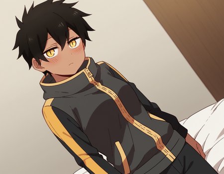 score_9, score_8_up, score_7_up, source_anime,
natsumikurobe, <lora:natsumi-kurobe-s1-ponyxl-lora-nochekaiser:1>,
natsumi kurobe, short hair, black hair, yellow eyes, slit pupils, dark skin, dark-skinned female,
jacket, pants, hood, zipper, tomboy,
indoors, bed, bed room, on side, blush, drunk,
looking at viewer, cowboy shot, solo, dutch angle,