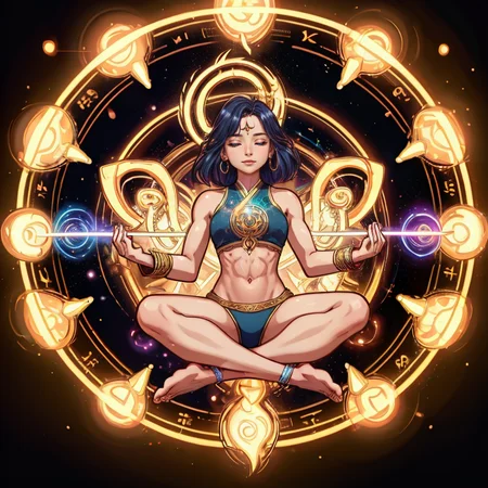 <lora:fitgirl_v10:1> fit, ripped, ab lines, abs, navel, beautiful linework, (outlines:1.05), shadows, <lora:detail_slider_v4:1.0>, <lora:realistic:0.4>, <lora:tangbohu-line_1.0:0.3>, <lora:colorify:0.3>, <lora:GoodHands-beta2:0.8>,, BREAK (style-swirlmagic:0.8), portrait, solo,  full body, glowing eyes, looking up, detailed background, detailed face, (<lora:GlyphTech:0.5>, glyphs,    glyphtech theme:1.1), japanese monk,  simple  monk robes,  ancient scrolls, symmetrical, legs crossed, <lora:LotusPosition:0.7>, lotusposition, lotus position, (levitating, meditating:1.3), focused expression, mantra, ethereal wisdom, , harmonious existence,  (hovering in the air, up in the air, mid-air:1.2), surrounded by levitating scrolls, focused chakra at heart center, halo of light, floating particles, energy vortex in background, multicolored cosmic beams,  ethereal atmosphere,