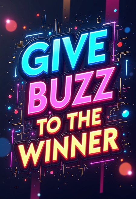 “A vibrant, high-tech banner with a futuristic, cyberpunk aesthetic. The text ‘GIVE BUZz TO THE WINNER’ is prominently displayed in bold, glowing, multicolor typography. The background features a sleek digital interface with neon lights, holographic elements, and circuit-like patterns. The design should have a dynamic, energetic feel, evoking excitement and competition. Use a mix of electric blues, neon pinks, purples, and gold for a striking, eye-catching effect.”
