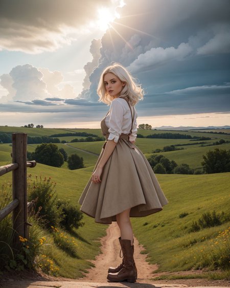 (Long shot:1.4), (Sn0frid_v1, white hair:1.3),  medium bosom, (style of Dorothea Lange) rugged frontier homestead woman, 1800s Montana, linen blouse, long skirt, apron, practical sturdy boots, earthy tones, natural fibers, rustic charm, sepia-toned aesthetic, arid golden prairie, wooden cabin, wildflowers, cracked soil, farm tools, weathered textures, sun-dappled lighting, determined expression, confident pose, wind-tousled hair, (dramatic clouds:1.2), vast open landscape, vintage authenticity, pioneering spirit ,