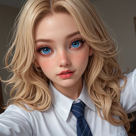 best, masterpiece, Domi with wavy blonde hair and blue eyes, extreme closeup, exotic colorful makeup, model face, model pose, selfie, highly detailed skin texture, freckles, highly detailed photo, professional photograph, dynamic lighting
