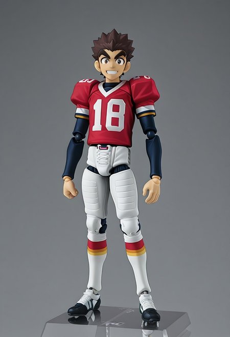 figma, figure anime style, PVC, Yaoi figure PVC, PVC boy, PVC texture, male, High Quality, perfect anatomy, HD, anime style, break
TAROU RAIMON, 1boy, solo, alone, brown hair,  thick eyebrows, dark brown eyes, athletic build, smiling, posing, looking at viewer, football uniform, tight uniform, red and white uniform,