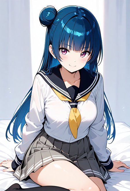 score_9, score_8_up, score_7_up, score_6_up, source_anime,BREAK
1girl
<lora:Hyper-SDXL-8steps-lora:1>
<lora:age_slider_v4:-0.5>
<lora:SDXL_yoshiko_p718:0.7> yoshiko
solo, tsushima yoshiko, long hair, blue hair, (single hair bun, single side bun:1), looking at viewer,
bangs, purple eyes, blush, collarbone,breasts, smile, 
simple background, white background,  blunt bangs, 
thighs, 
school uniform, 
neckerchief, pleated skirt, serafuku,shirt, grey skirt, yellow neckerchief, uranohoshi school uniform, 
skirt, black thighhighs, long sleeves,