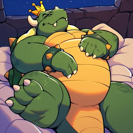 score_9, score_8_up, score_7_up, score_6_up, score_5_up, score_4_up, king koopa, turtle, furry, chubby, fat, green skin, yellow belly, reptile, crown, spiky shell, horns, spiky bracelets, three toes, night, sleeping on bed, sleeping
