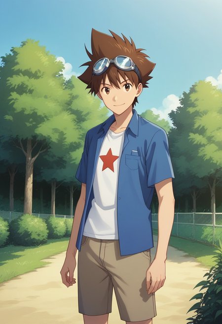 score_9, score_8_up, score_7_up, source_anime, highly detailed, 
taikizu, 1boy, brown hair, goggles, male focus, solo, goggles on head, brown eyes, shirt, shorts, 
open clothes, smile, standing, white shirt, star (symbol), print shirt, blue shirt, short sleeves,
spiked hair, star print, open shirt, looking at viewer, closed mouth,
outdoor, sky, tree