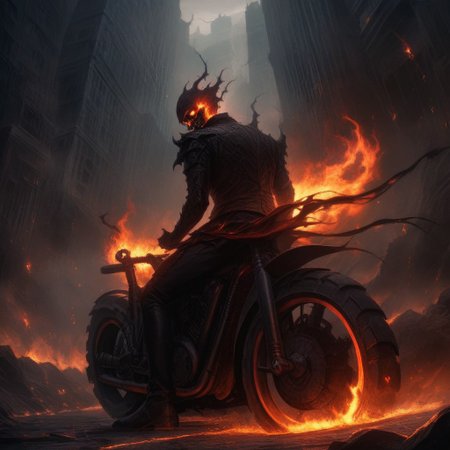 Dark Fantasy Art, Dark Moody Atmosphere, dramatic, mysterious, dark moody atmosphere, dark, moody, dark fantasy style, realistic anime,
BREAK,
Ghost Rider rockets up the skyscraper, his flaming motorcycle scorching a fiery path over glass and steel,
BREAK,
His skull, engulfed in hellfire, casts a sinister, flickering glow, with empty eye sockets seething with vengeful fire,
BREAK,
Flames curl around his skeletal form, his leather jacket and pants seared and frayed, smoldering as he rides,
BREAK,
Each wheel turn burns the glass, leaving molten streaks that trail behind him, and the building quakes under his ascent,
BREAK,
His engine’s roar echoes against the steel, blending with the hiss of flames in a symphony of raw, otherworldly power,
BREAK, 
sitting on his bike, cracked roadway, cracked road, skull, from side, low angle shot,