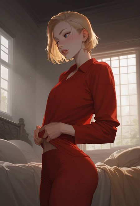 score_9, score_8_up, score_8. score_9, score_8_up, score_7_up, (masterpiece), 4k, ExpressiveH, SimpleNegativeV3, OverallDetail, anime, 
BREAK
dynamic lighting, cinematic lightning, ((detailed background, red lavish room, windows)), alone, solo,
BREAK,
(1boy), standing, pale skin, (shoulder length hair), straight blonde hair, blue eyes, thin lips, slender, athletic, flat chest, (red silk pajamas shirt), big ass, thick thighs, (red  pajamas pants)