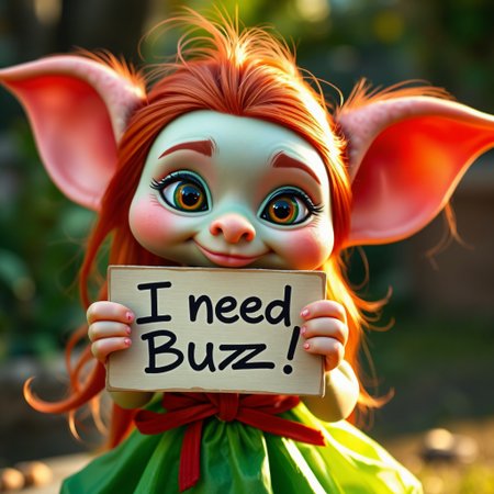 masterpiece, intricate photo, cute beautiful female gremlin holding a sign where the sentence is printed on "I need Buzz!", long red hair, green dress, pink skin, highly detailed, sharp focus, cozy outdoor lighting, 8K