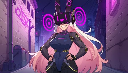 zPDXL,anime artwork score_9,score_8_up,score_7_up,2d,<lora:Huffslove_Style_PonyXL:1>,by huffslove,huffslove,<lora:anime-detailer-xl:1.5>,<lora:Expressive_H-000001:1>,Expressiveh,(source_anime),raytracing,rating_questionable,rating_safe,
solo,1girl, mature female, milf, curvy, tall female, toned, large breasts, 
outdoors, science fiction, futuristic, cyberpunk, cityscape, scenery, alley,
highleg leotard, black pants, leather pants, gloves, elbow gloves, fingerless gloves, <lora:Z-Tech_hypnotic_visorZko_visor-000019:1>,zkovisor,hypnotic visor,helmet,rabbit ears,:),headphone,rabbit ears,:),mind control,hypnosis,
absurdres,white hair, long hair, gradient hair, pink hair, mechanical parts, 
upper body,looking at viewer,cute,attractive,
eye contact,standing, grin, hand on own hip, 
. anime style,vibrant,studio anime,highly detailed,