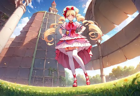 curemacherie, high heels, garter straps, thighhighs, outside,  score_9, score_8_up, score_7_up, ,source_anime, best quality, masterpiece,   , full body view ,collarbone ,  1girl , solo , girl focus, large breasts,  score_9, score_8_up, score_7_up, ,source_anime, best quality, masterpiece, , garter straps , 1girl , solo , girl focus,, full body view, facing viewer, hands on hips, low angle view, from below, standing, outside , day, field,