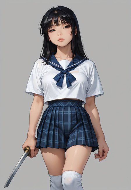 safe_pos, empowered, greyscale with colored background, hatching \(texture\), sketch, score_9, score_8_up, score_7_up, score_6_up, score_5_up, score_4_up, solo, 1girl, asian woman, Japanese, best quality, sexy, long hair, black hair, straight hair, bangs, wide hips, thighs, medium breasts, athletic, school_uniform, blue serafuku, white shirt, medium skirt:1.4, pleated skirt, blue plaid skirt, white knee socks, standing, hip tilt, katana over shoulder, holding katana, hands on katana,