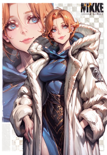 safe_pos, artist:Yanje, Guweiz,(Han \(jackpot\):0.6), Juubaori Mashumaro, au \(d elete\), 96yottea, ahemaru,poriuretan,houtushouhuifengge,platinum1945, usnr,748cmstyle.
1girl, 5YPH4B3LN4D3S,
short hair, orange hair, blue eyes. 
NikkeProfile, cowboy shot, checkered background, zoom layer, copyright name, character name, english text, logo,
fur coat,robe, blue robe, hooded robe, hood down, happy,
confident,
proper body proportions, high contrast, fashion,absolutely eye-catching, ambient occlusion, shiny, sophisticated, cute, taut, horny, classy, demure, intricate details, intricate clothing, intimate shot, sexy, 
heavily textured brushstrokes, big eyes,beautiful detailed eyes, detailed skin, solo, 
round breasts,posing, sexy pose, looking at viewer, stunning,
very close up,extremely detailed, textured skin, soft, expressiveh, Smooth Quality - Illustrious, official art, fine art, good composition, masterpiece, best quality, very aesthetic, absurdres, newest, 
