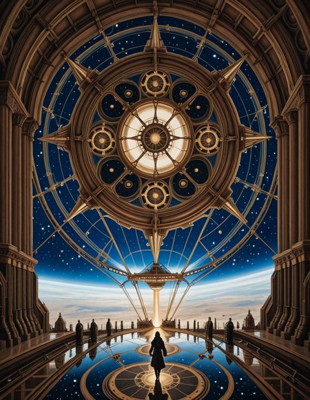 A surreal, steampunk-style painting in the style of JarosÅaw Jasnikowski, depicting a colossal, gothic-mechanical spaceship drifting through the vastness of space. The ship is inhabited by the remnants of humanity, fully transformed into biomechanical cyborgs. The vessel is an ornate fusion of cathedral-like architecture and industrial machinery: bronze towers, rotating gears, stained glass panels glowing with alien light, and massive turbines spinning slowly in zero gravity. Cyborg figures walk along the outer hull, tethered by glowing cables, maintaining the vessel as it glides through a star-filled void. Their bodies are a blend of flesh and complex mechanical systemsâcogs, tubes, exposed circuitry, and metallic limbsâall designed in an absurd, baroque fashion. The backdrop is a deep cosmic expanse with nebulas, stars, and shattered planetary fragments floating around. The lighting is dramatic, with reflections bouncing off polished metal surfaces, casting surreal, elongated shadows. The scene conveys both grandeur and loneliness, emphasizing the transformation of humanity into a forgotten, drifting civilization. The atmosphere is deeply symbolic, with Jasnikowskiâs signature distorted perspective and dreamlike, metaphysical tone.<lora:SDXLFaeTastic2400:0.4> <lora:extremely_detailed:0.4> extremely detailed,,JarosÅaw J4sn1k0wsk1  <lora:JarosÅaw_J4sn1k0wsk1:1>, Masterpiece,best quality,hi res,8k,hi res,8k,award winning,(sharp focus, intricate, highly detailed),