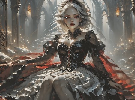 score_9, score_8_up, score_7_up, Environmental scene, character off to side, sitting in repose enjoying the view, woman, pale skin, large breasts, <lora:sm0k3XLP:1>, <lora:goth_clothes:1>, vampire dress, black details, red lining, Black hair, white highlights, <lora:_sdxl-gaming-pony:1>, <lora:vivid_everclear:1>,