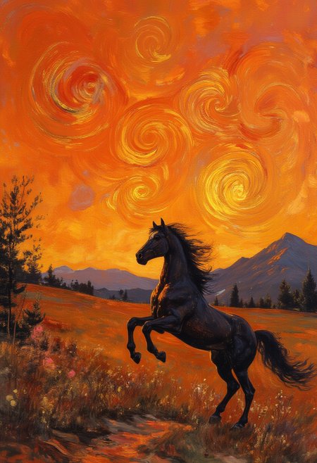 In this impressionistic painting, a vivid orange surface comes to life through intricate swirls reminiscent of a sunset. These curved patterns, outlined in golden hues, captivate with their complexity and beauty against the darker orange background. At the edge of this illuminated canvas, a somber gray mountain range rises on the horizon.  a majestic black horse leaps gracefully in an open field, its movement defying gravity as it balances on its hind legs. This serene moment is further enriched by the majestic presence of a small tree with curled trunk shadows dancing across the landscape while the fiery sky of sunset casts a warm embrace over the entire scene. This harmonious blend of elements creates an immersive and emotive painting that encapsulates the beauty found in simplicity and the allure of nature's fleeting moments. ,<lora:OBä¸­ä¸çºªæ²¹ç»v1.1.safetensors:1.0> ,