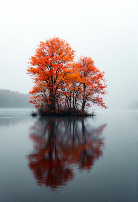 A cluster of autumnal trees set against a fog-laden horizon, their brilliant orange and crimson leaves glowing vividly in the muted light. The scene is reflected with pristine symmetry in the glassy, undisturbed lake beneath them. The minimalist background of soft grays and whites accentuates the vibrant colors, creating an almost dreamlike quality that highlights nature's quiet beauty.
