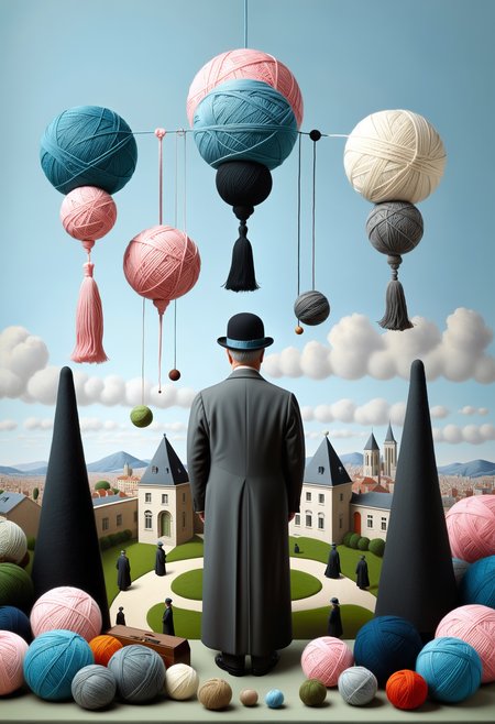 masterpiece, very aesthetic, absurdres, newest, Yarnworld, rene magritte <lora:Challenge_Winnifier:0> <lora:Yarnworld-000017:0.7>