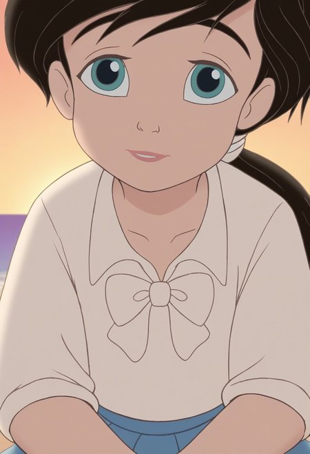 close up,melody,aqua eyes,thick eyebrowns,black hair,ponytail,white hairband,arms down,white shirt,white bowtie,blue skirt,sea,yellow sunrise beach background