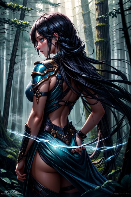 (cowboy pose:1.3), (extremely detailed:1.3), (masterpiece:1.3), ((elaborate high fantasy  ecchi artwork)), (1girl, a beautiful female druid with long flowing hair:1.3), druid, (mystical mist-filled forest:1.4), blue-green gradient, gradient color realistic, (photorealistic fantasy,) (from behind), volumetric lighting, dynamic pose, dynamic angle <lora:more_details:1>, ((beautiful hands, beautiful eyes, perfect eyes, perfect hands)), (Extremely Detailed Oil Painting:1.2), glow effects, godrays, Hand drawn, render, 8k, octane render, cinema 4d, blender, dark, atmospheric 4k ultra detailed, cinematic sensual, Sharp focus, humorous illustration, big depth of field, Masterpiece, colors, 3d octane render, 4k, concept art, trending on artstation, hyperrealistic, Vivid colors, extremely detailed CG unity 8k wallpaper, trending on ArtStation, trending on CGSociety, Intricate, High Detail, dramatic