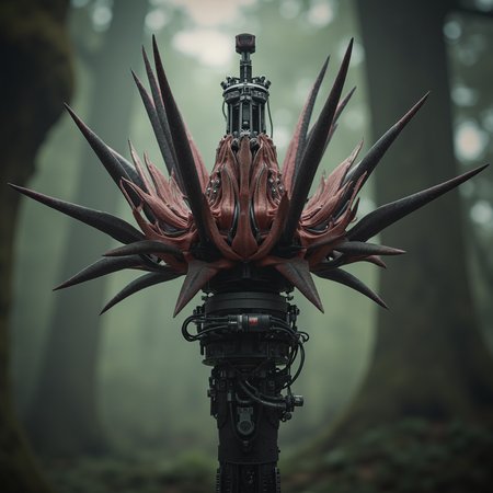 a mechanized carnivorous flower opening in slow, deliberate motion, petals made from sharp-edged composite blades with jointed hinges and exposed actuators, pistil housing a rotating sensor turret with micro-antennae, thick stem reinforced with armor plates and internal hydraulics, soft mist exhaling from vents as it moves, background is a hostile alien forest of other mechanized flora, dim backlight emphasizes silhouette, photoreal, terrifyingly elegant  








mg-mk.1