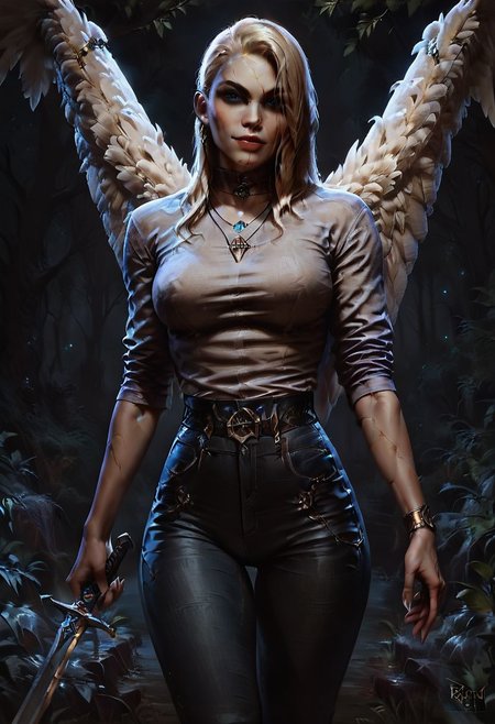 score_9, score_8_up, score_8, 1girl, dameaylin, cracked gold skin, blonde hair, jewelry, smooth, tight shirt, dark angel wings, two handed sword, jeans, natural breasts, outdoors, forest, thigh gap, posing, concept art, realistic, dark theme, low light, perfect, detailed, blue eyes, pointing sword at viewer