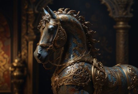 (Crafted Ceramic of a horse), gold filigree, cybernetic enhancements, machinery, rusty steel armor, triadic colors, stunning background. dark and moody, a mesmerizing blend of light and shadow. masterpiece, absurdres, intricate details <lora:TQCeramicStyle:0.9> Rembrandt lightning