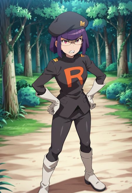 score_9,score_8_up,score_7_up,score_6_up, easynegative, negative_hand,
pkmnmatori, 1girl, purple eyes, glasses, purple hair, short hair, blunt bangs
matoritr, team rocket, hat, black headwear, black jacket, white gloves,  black pants, white boots
standing, hands on hip, forest, angry, teeth, looking at viewer