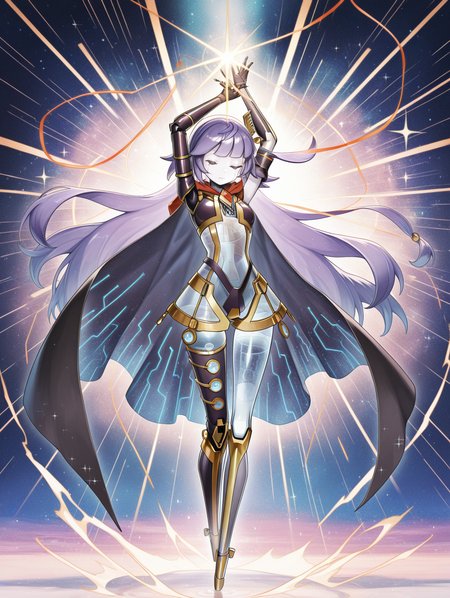 facial mark, galatea the orcust automaton i, 1girl, solo, arms up, full body, sparkle, standing, light rays, multicolored background, closed mouth, gold hair ornament, blue see-through body, mechanical elbow gloves, black cape, doll joints, mechanical dress, humanoid robot, red see-through ribbon, crotch plate, mechanical foot,
masterpiece,best quality,amazing quality,very aesthetic,absurdres,newest,<lora:Galatea, the Orcust Automaton i illuXL v1.2:0.75>,