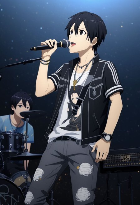 high resolution, professional photography, best quality, 1Boy, Kirigaya Kazuto, Black Hair, Black Eyes, idol, singing, potrait, dept of field, virtual concert, musical instrument, playing musical instrument, necklace, bracelet, sneakers, overalldetail