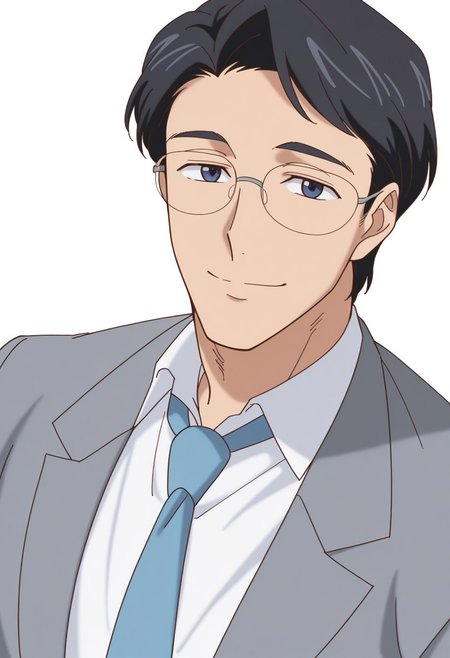 score_9, score_8_up, score_7_up, score_6_up, perfect anatomy, perfect proportions, best quality, masterpiece, high_resolution, high quality, highres, bara, 1boy, solo focus, solo, mature, masculine, manly, hunk, virile, handsome, charming, alluring, source_anime, anime coloringupper body, BREAK kenji_tsukino, black hair, short hair, dark blue eyes, grey suit, blue necktie, glasses, expressive face, newest, seductive_pose, looking at viewer, smile