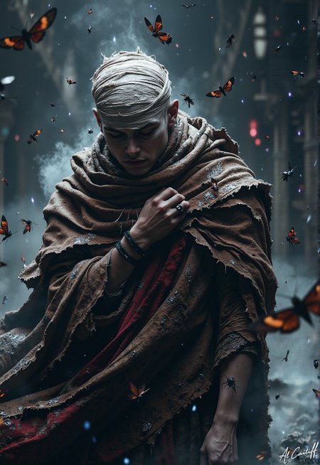 A cinematic high-angle shot, steeped in deep, immersive focus, unveils a solitary figureâpale as moonlight, their head swathed in ragged bandages, a threadbare dark brown cloak hanging heavily from their shoulders like a forgotten vow. They stand rooted in a spectral mist, eyes sealed shut, lips slightly parted as if exhaling a silent lament. Around them, a storm of iridescent cicadasâtheir wings shimmering with an eerie violet glowâswirls in a frenzied dance, some clinging to the frayed wraps like ancient relics, others suspended mid-air, their metallic hum vibrating through the thick, charged atmosphere. The figureâs arms hang limp, their body rigid yet fragile, a statue carved from sorrow and stillness. Above, the sky bleeds a deep, suffocating crimson, streaked with ghostly tendrils of cloud, casting an infernal glow over the scene. The air is heavy with the weight of forgotten whispersâa moment frozen between agony and apotheosis, where the line between requiem and rebirth dissolves., fg<lora:CustomFlux/MysticFantasy.safetensors:0.25000000000000006:0.25000000000000006> <lora:CustomFlux/MysticRealism.safetensors:0.7500000000000001:0.7500000000000001> <lora:Flux/Stylized-Super-Texture.safetensors:0.5000000000000001:0.5000000000000001>
