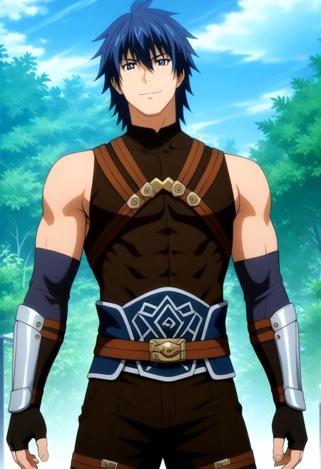 ((masterpiece)), ((best quality)), ((ultra-detailed)), ((absurdres)), score_9_up, score_8_up, score_7_up,
HD, top quality, best quality, amazing quality, High-quality illustrations, anime screencap, source_anime, best aesthetic, perfect proportions, perfect eyes, 1boy, 1male, solo boy, solo male, male focus, solo male focus, Akatsuki Ousawa, blue hair, blue eyes, Anime, boy, male anime character, anime boy, handsome, cute, charming, sexy, good-looking, brown shirt, sleeveless, elbow pads, arm straps, fingerless gloves, brown pants, multiple thigh straps, ((smirk)), ((nature, mountains, open field)), ((front view, front shot, facing front, view from the front)), ((face shot, head shot, face only, head only)), easynegative, updn, Expressiveh, masterpiece, best quality, very aesthetic, absurdres