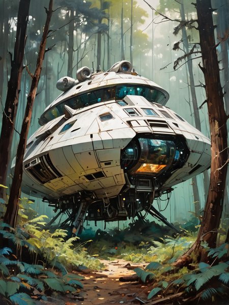 Capture an abandoned spaceship settled in a dense forest, blending Minjae Lee's distinctive styleâmarked by intense colors and dynamic, expressive strokes. Employ heavy, bold brushwork to depict the contrast between the technology's decay and the forest's vitality. Utilize Lee's vibrant palette to highlight the encroachment of nature, with vivid greens, deep browns, and the stark metallics of the spacecraft creating a compelling visual narrative. This oil painting should evoke a sense of both abandonment and natural reclaim, embodying the unique fusion of man-made and natural elements (style of  Jeremy Mann:1.1)