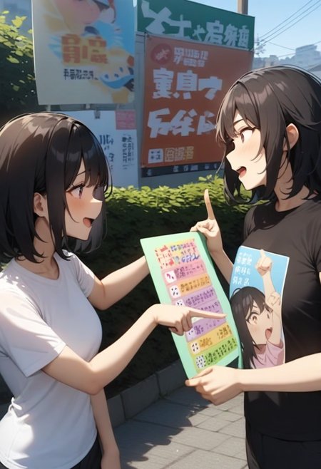 masterpiece, best quality, very aesthetic, absurdres,
2girls, black hair, medium hair, t-shirt, holding, (poster board), outdoors, pointing at board, 
<lora:saikoro_no_tabbi_SDXL_V1:0.8>