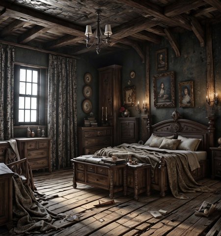RAW photo, (masterpiece:1.3), subsurface scattering, heavy shadow, (high quality:1.4), (intricate, high detail:1.2), professional photography, HDR, High Dynamic Range, realistic, ultra realistic, photorealistic, high resolution, film photography, ambient lighting, atmospheric effects, <lora:detail_slider_v4:2>, OverallDetail,  <lora:HauntedHouse:1>, bed, book, bookshelf, box, candlestand, cup, curtains, dark, door, hauntedhouse, indoors, no humans, scenery, silk, table, window, wooden floor