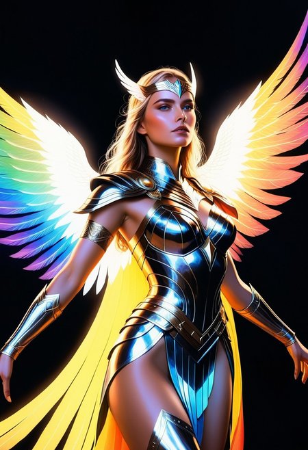 score_9, score_8_up, score_7_up, source_anime, BREAK, 1girl
ethereal fantasy concept art of  psychedelic style close up portrait of A  beautiful Asgardian warrior woman poses dynamically with glowing, ethereal wings arching from her back. The wings are large and feathered, radiating a mesmerizing glow that shifts from vibrant rainbow prismatic colours , as if woven from pure energy. Each feather appears semi-transparent, catching and reflecting light with a crystalline effect, casting a magical aura. Her wings pulse gently with a mystical light, accentuating her fierce, otherworldly presence. Dressed in ornate, silver Asgardian armor with intricate engravings, she holds a mighty prismatic sword pointing her sword at the viewer, while her other hand rests confidently on her hip,  background of  a dramatic fantasy godlen city under a stormy sky, illuminated by flashes of lightning. The overall scene is majestic, with an aura of ancient power and celestial beauty
, low-key lighting, atmospheric haze, underexposed, cinematic darkness, deep shadows ., <lora:artisketchyfs-v02:0.7> <lora:FluxMythV2:0.7> . shallow depth of field, vignette, highly detailed, high budget, bokeh, cinemascope, moody, epic, gorgeous, film grain, grainy . dark, mysterious, haunting, dramatic, ornate, detailed . vibrant colors, swirling patterns, abstract forms, surreal, trippy . magnificent, celestial, ethereal, painterly, epic, majestic, magical, fantasy art, cover art, dreamy