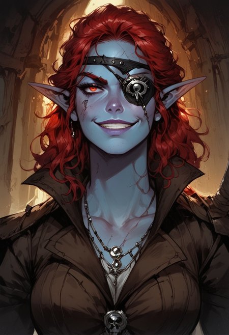 score_9, score_8_up, score_7_up, BREAK, 1woman portrait,  beautiful, dramatic lights ((Elf, rogue, thief, pirate, eyepatch, blue skin, red hair, gree eyes, scars, scars on face, multiple scars, capitan hat, grin, smug, longe loose hair, sea background))
<lora:Fant5yP0ny:0.6> <lora:fantasy_world_pony:0.9>
<lora:Cherry-Gig:0.55>