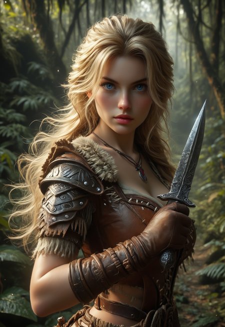 score_7_up, rating_safe, adult woman, amazonian warrior, blue eyes, very long blonde hair, long hair, muscular female, curvy, ((full clothed tribal armor)), gloves, battle stance, holding weapon, knife, jungle, night, outdoors, solo, dramatic lighting, fantasy, detailed realistic photo,
Background: A dense, lush jungle at night, with towering trees and thick undergrowth. Moonlight filters through the canopy, casting dappled shadows and highlighting the dense foliage. The air is humid and filled with the sounds of nocturnal creatures. In the distance, the faint glow of bioluminescent plants adds a mystical touch to the scene.
Additional Details: The warrior's tribal armor is intricately designed with natural materials like leather, bones, and feathers, blending seamlessly with the jungle environment. Her gloves are made of tough, flexible material, perfect for gripping her knife. Her battle stance is confident and powerful, ready for any challenge. Her blue eyes gleam with determination, and her very long blonde hair cascades down her back, catching the moonlight. The dramatic lighting emphasizes her muscular and curvy physique, creating a striking and realistic portrait.
(european beauty girl, upper body)
(((((upper body))))), dynamic pose
 <lora:Dynamic Poses:1>
 <lora:detailed_notrigger:1>
